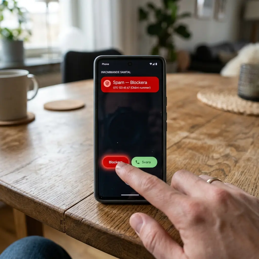 En Android-telefon på ett bord som visar Telefon-appen med ett samtal flaggat Spam — finger trycker Blockera