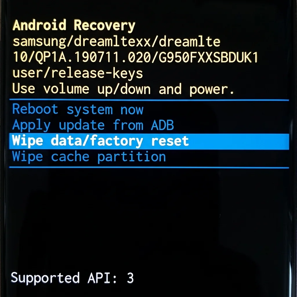 Android-återställningsläge med menyn Wipe data och Reboot system now i blå text mot svart bakgrund