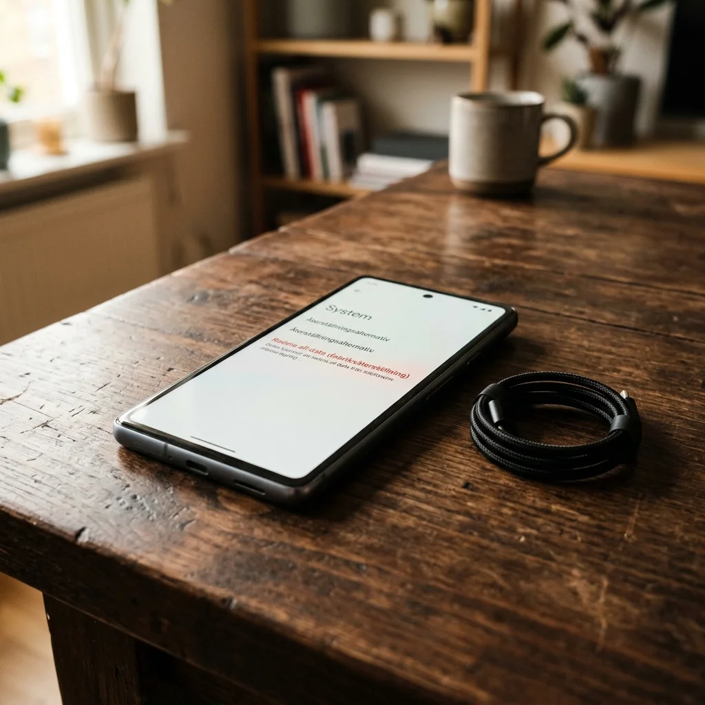 En Android-telefon som visar fabriksåterställningsskärmen med bekräftelsedialog och röd varningstriangel