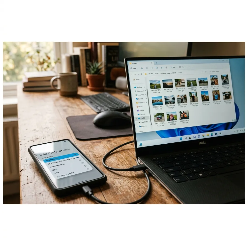 En Android-telefon ansluten via USB till laptop — telefonen visar Filöverföring, skärmen visar DCIM-mappen