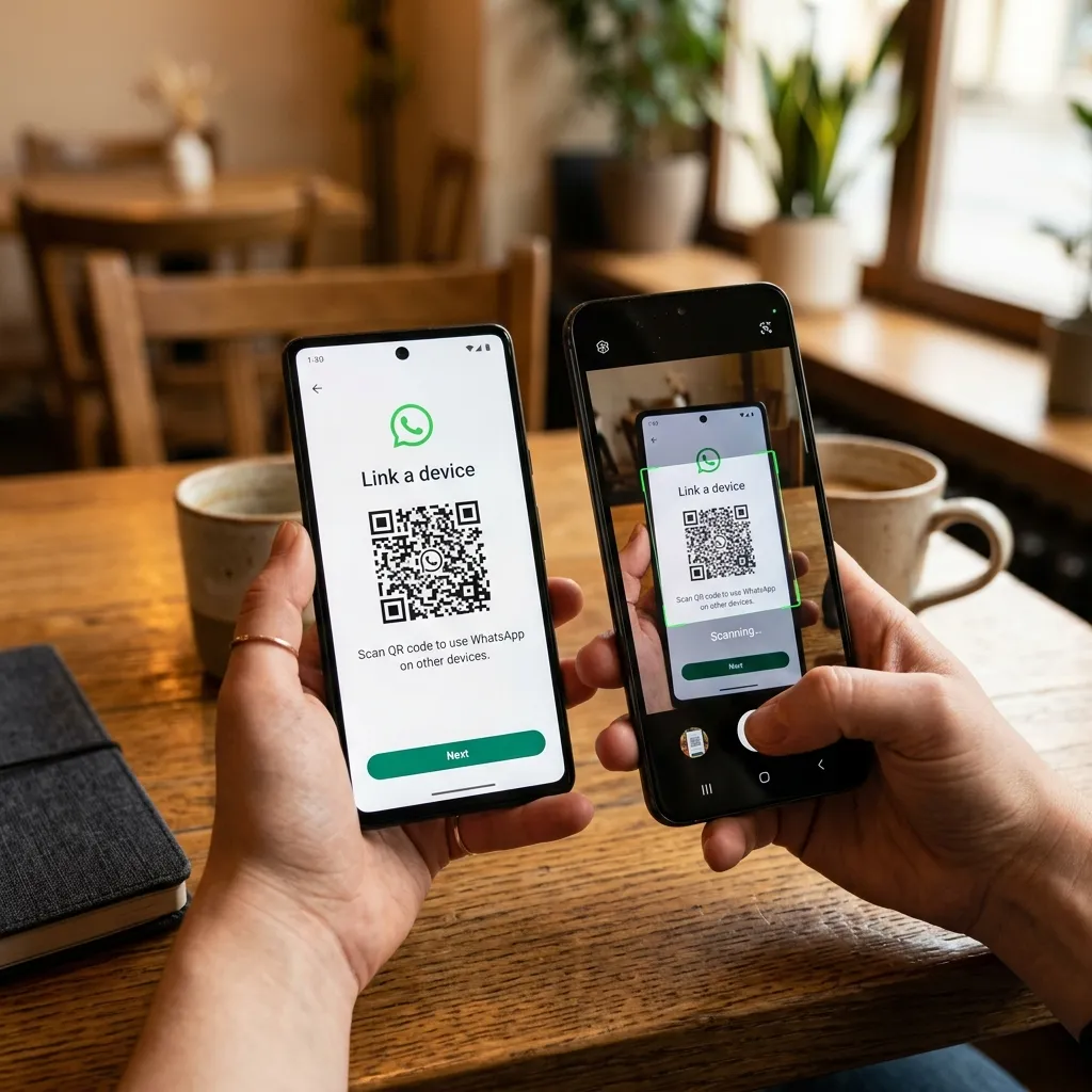 Två Android-telefoner bredvid varandra på ett bord — WhatsApp överföring med QR-kod syns på båda skärmarna