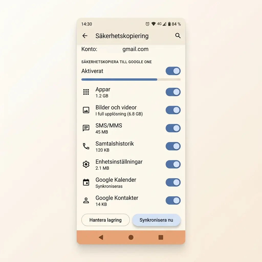 Android Google Backup-inställningar med växlingsknappar för säkerhetskopiering av appar, kontakter och SMS