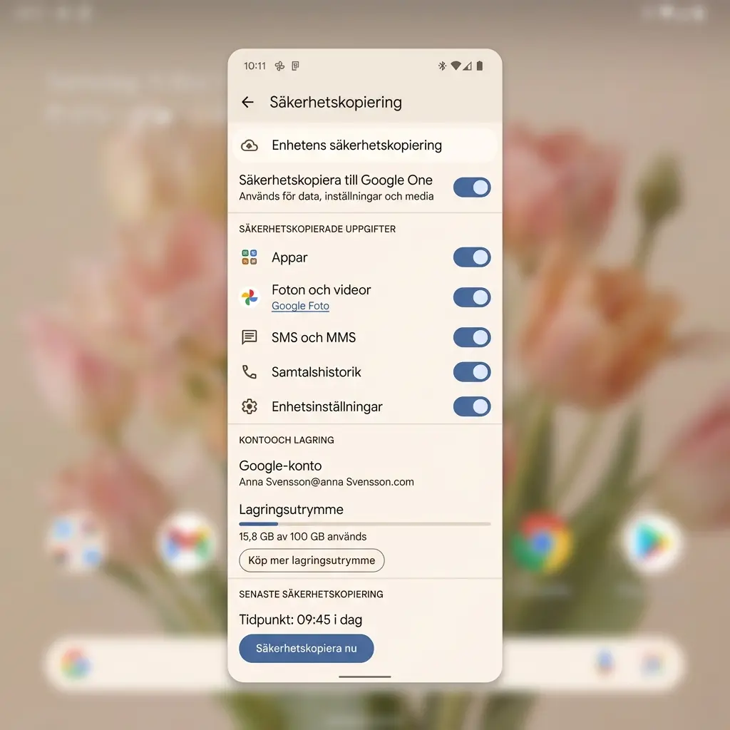 En Android-telefon ansluten via USB till en extern SSD — skärmen visar Google Backup med förloppsindikator