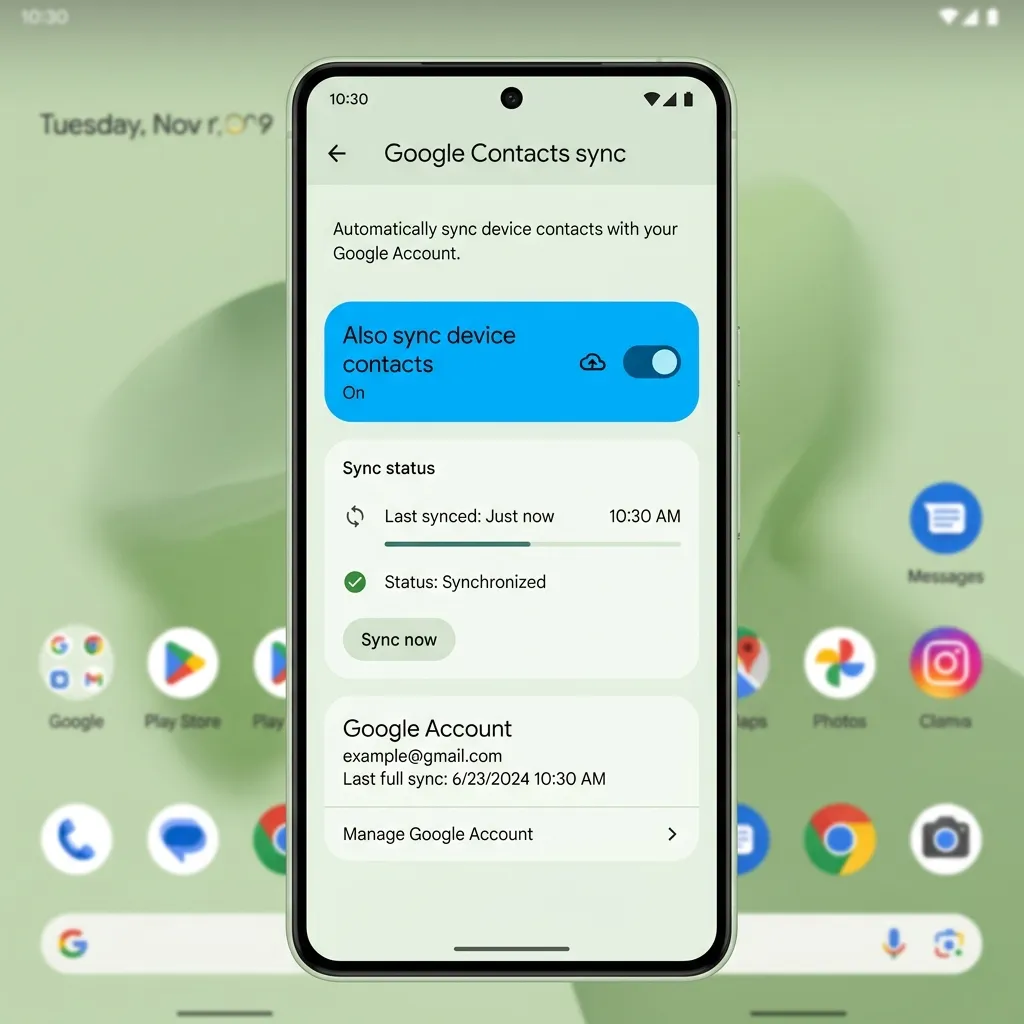 Android Kontakter-app som visar anpassa vy med flera kontokällor — Google, Telefon och SIM-kort