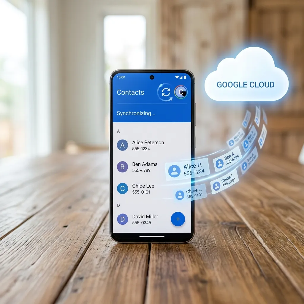 En Android-telefon som visar kontaktsynkronisering med Google-konto, med en lista över kontakter och synkroniseringssymboler