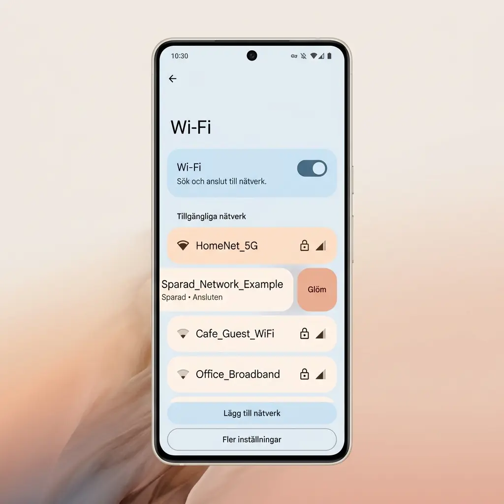 Android 15 Wi-Fi-inställningar med ett nätverk markerat "Sparad" och Glöm-knappen synlig