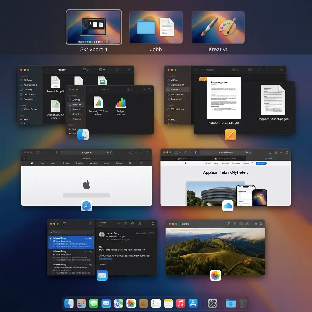 Mission Control på macOS med Spaces-miniatyrer och öppna fönster grupperade efter applikation