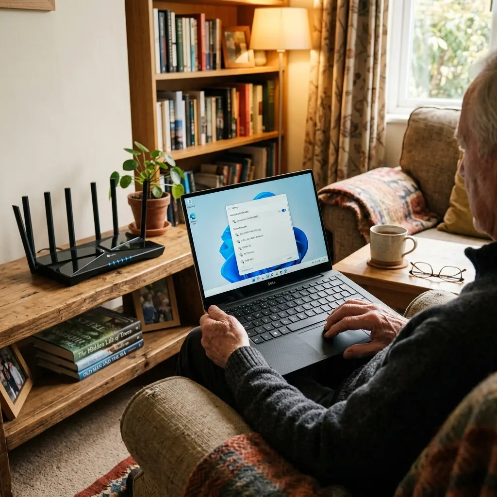 En äldre persons händer som håller en laptop — skärmen visar Wi-Fi-nätverkslistan i ett varmt vardagsrum