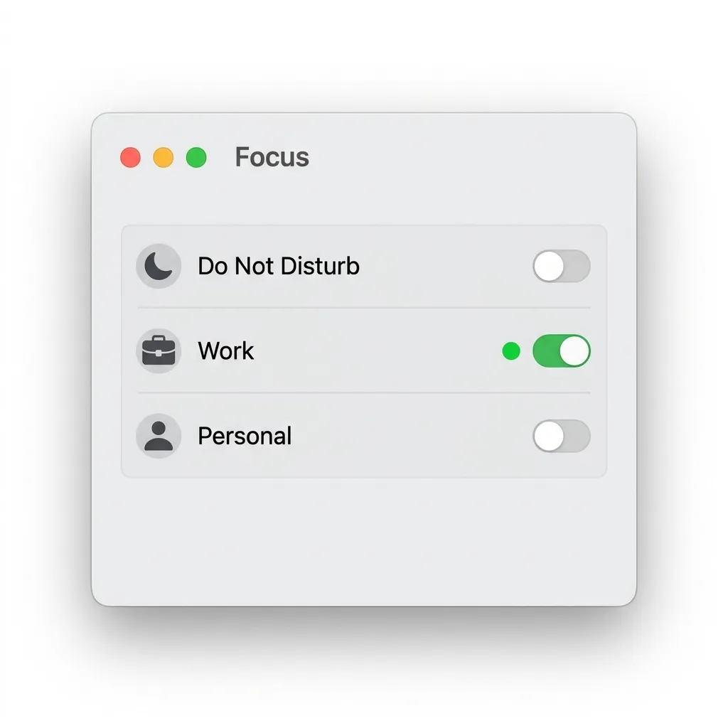 Fokusläge-inställningar i macOS som visar en ny fokusprofil med appar och personer konfigurerade för arbetstid