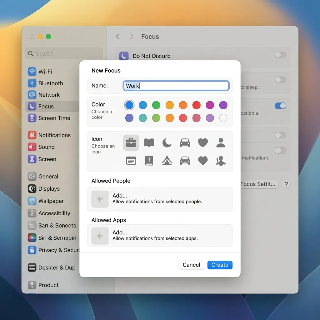 Dialogruta i macOS för att skapa ett nytt Fokusläge med alternativ för namn, färg, ikon och tillåtna appar och personer