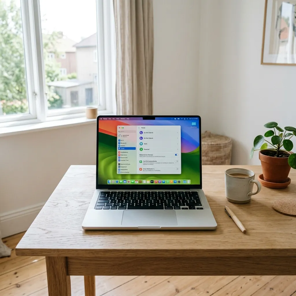 En MacBook som visar Fokuslägesinställningar i macOS med olika fokusprofiler som arbete, personlig tid och sömn