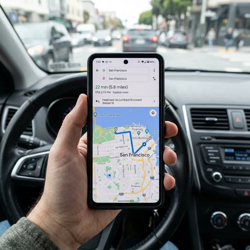 En smartphone i en hand som visar Google Maps med en blå rutt — bilinstrumentbräda suddig i bakgrunden