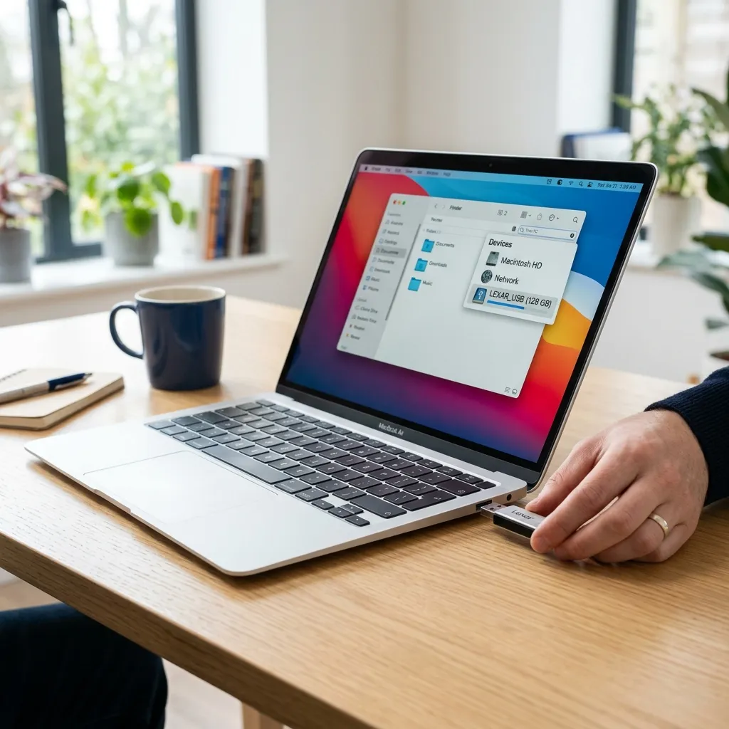 En hand som sätter in ett USB-minne i en laptop — skärmen visar Utforskaren där USB-enheten dyker upp