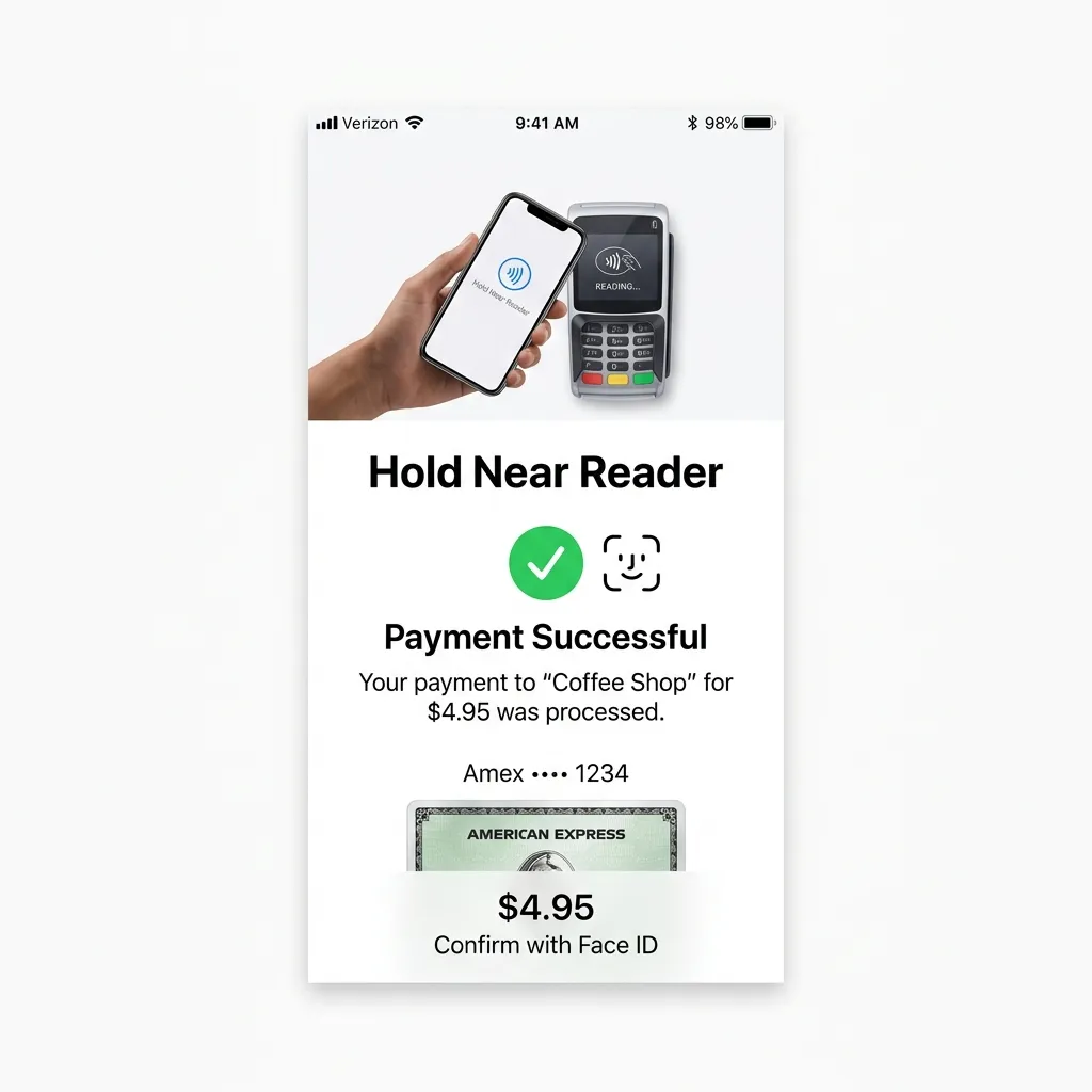 En iPhone som hålls mot en betalterminal i butik med Apple Pay-gränssnittet aktivt och betalningsbekräftelse
