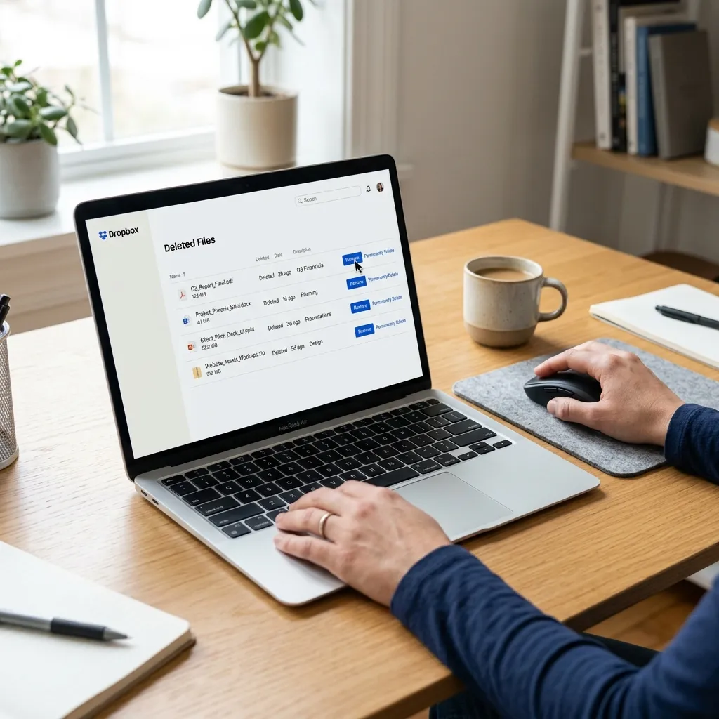 En laptop som visar Dropbox webbgränssnitt — raderade filer listade med Återställ-knappar