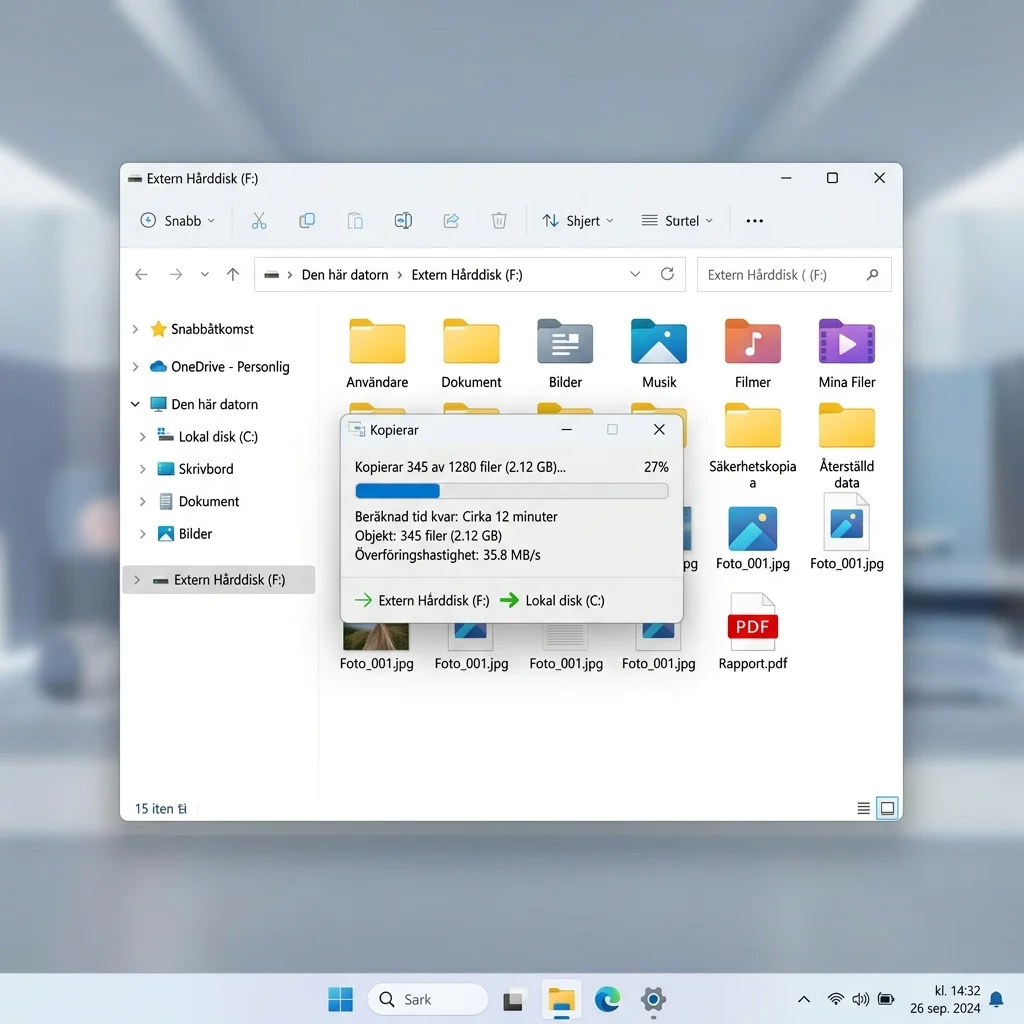 Windows 11 Utforskaren som visar en extern hårddisk ansluten via USB-kabinett med användarmappar från den återställda datorn