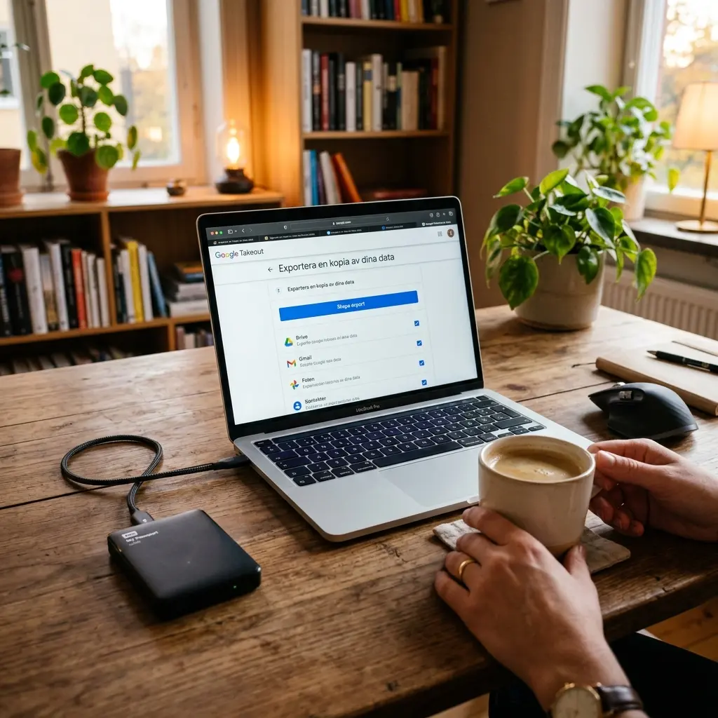 En laptop som visar Google Takeout med Skapa export-knappen — Drive, Gmail och Foto ikryssade, en extern hårddisk ansluten