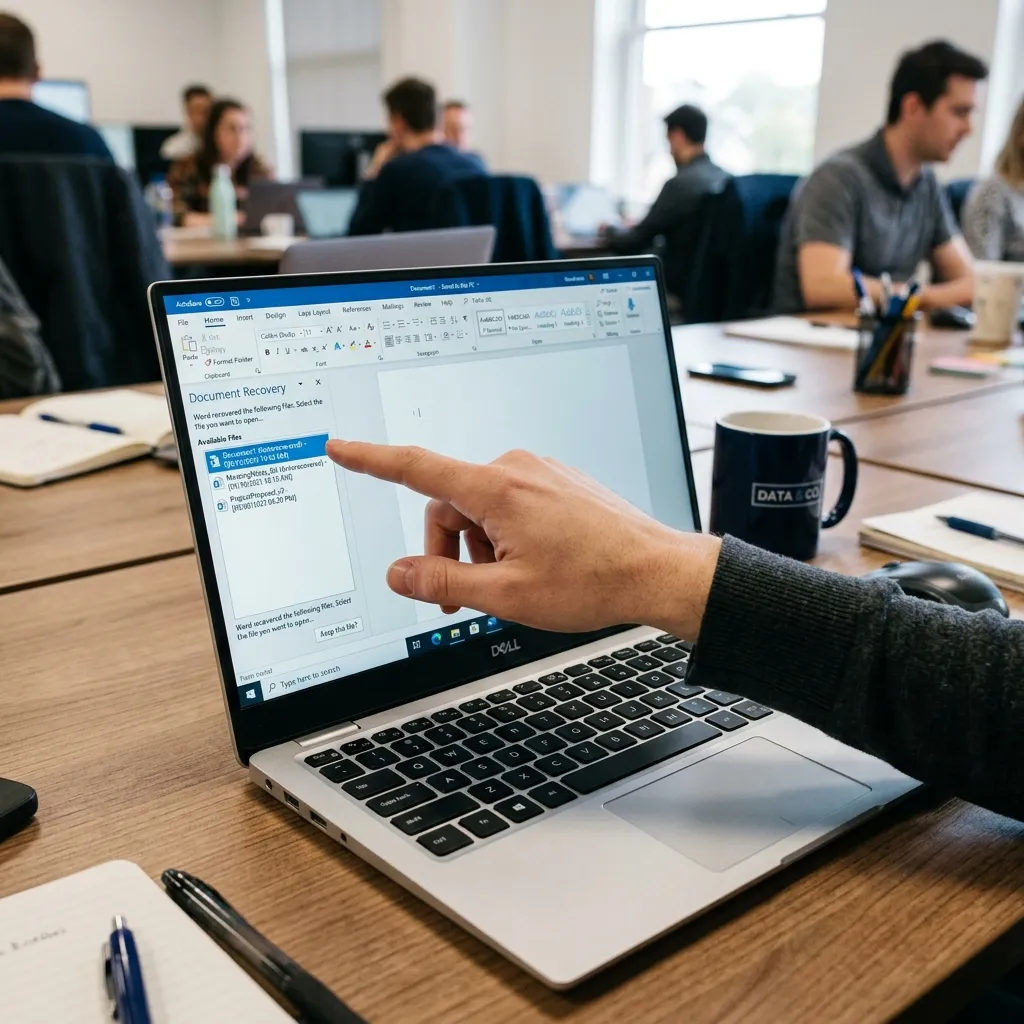 En laptop som visar Word med Dokumentåterställning-panelen — flera autosparade filer listade