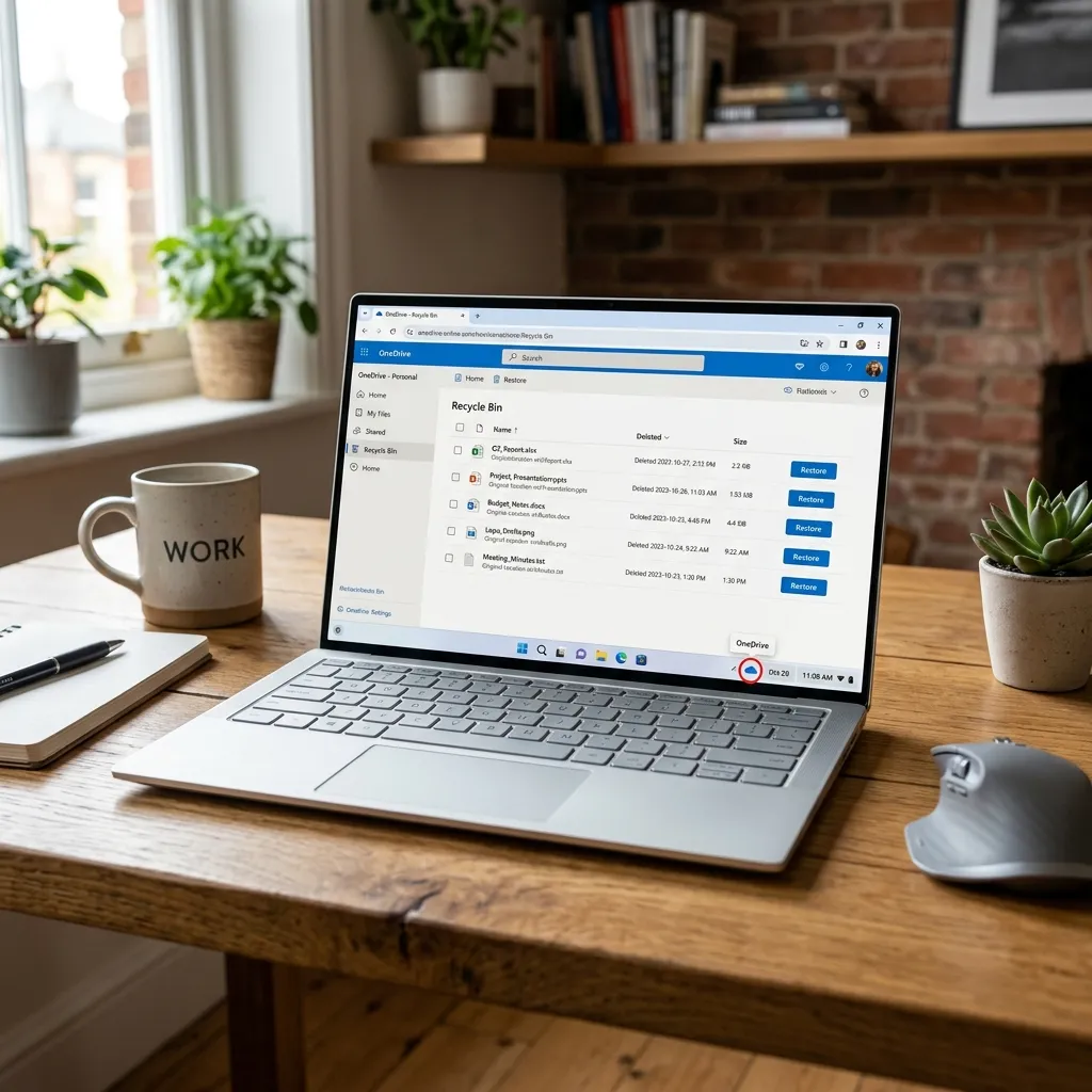 En laptop som visar OneDrive online med papperskorgen öppen — raderade filer listade med Restore-knappar