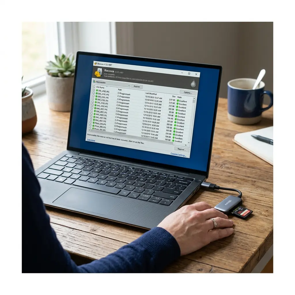 Ett SD-kort i en USB-kortläsare ansluten till laptop — skärmen visar Recuva med återställningsbara bildfiler