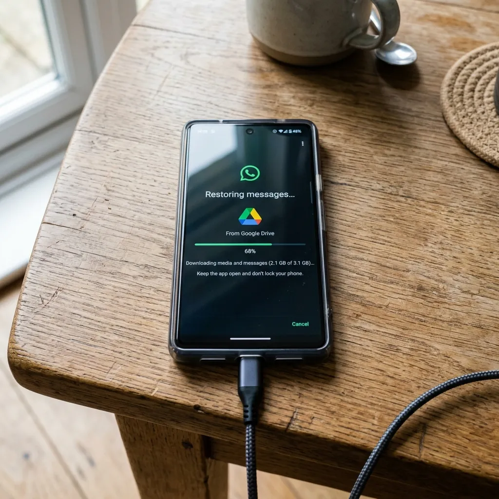 En smartphone på ett bord som visar WhatsApp-återställning — Återställer meddelanden med förloppsindikator