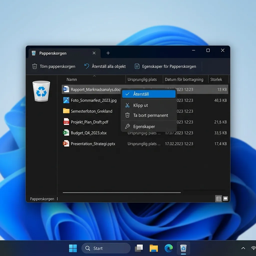 Papperskorgen i Windows 11 med högerklickad fil och Återställ markerat i snabbmenyn