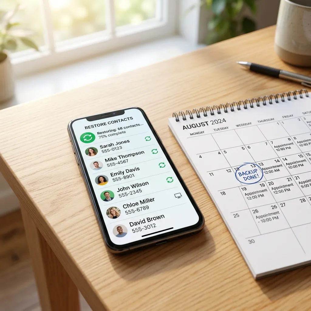 En smartphone som visar en kontaktlista med återställda kontakter och kalender — dataåterställning på mobil