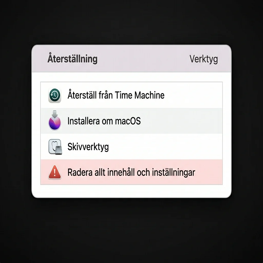 macOS-återställningsfönster som visar alternativen Skivverktyg, Installera om macOS och andra återställningsverktyg