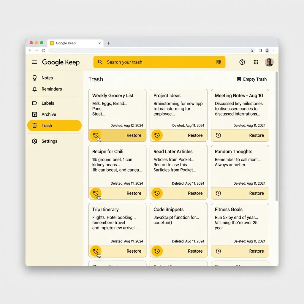 En smartphone som visar Google Keeps papperskorg med raderade anteckningar och en återställningsknapp markerad