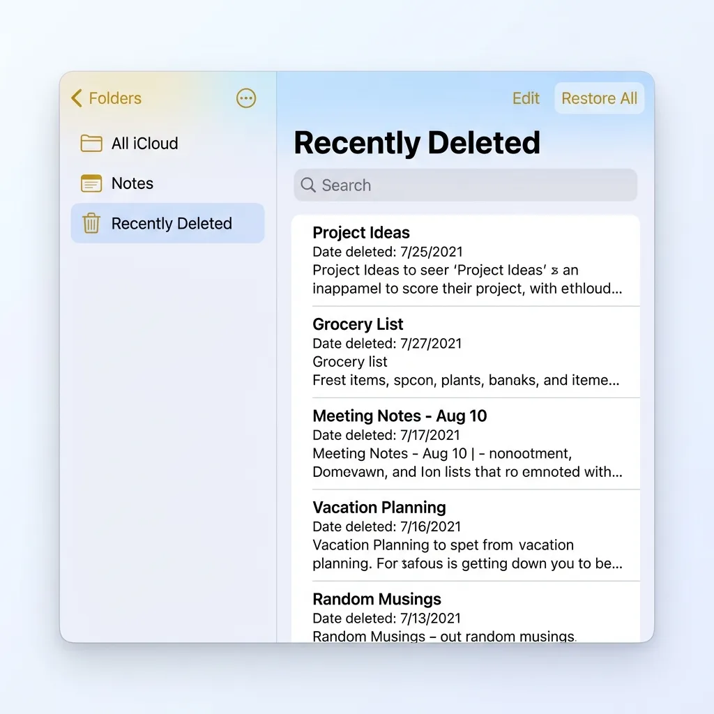 En iPhone-skärm som visar Apple Notes Senast raderade-mapp med listade anteckningar och återställningsalternativ