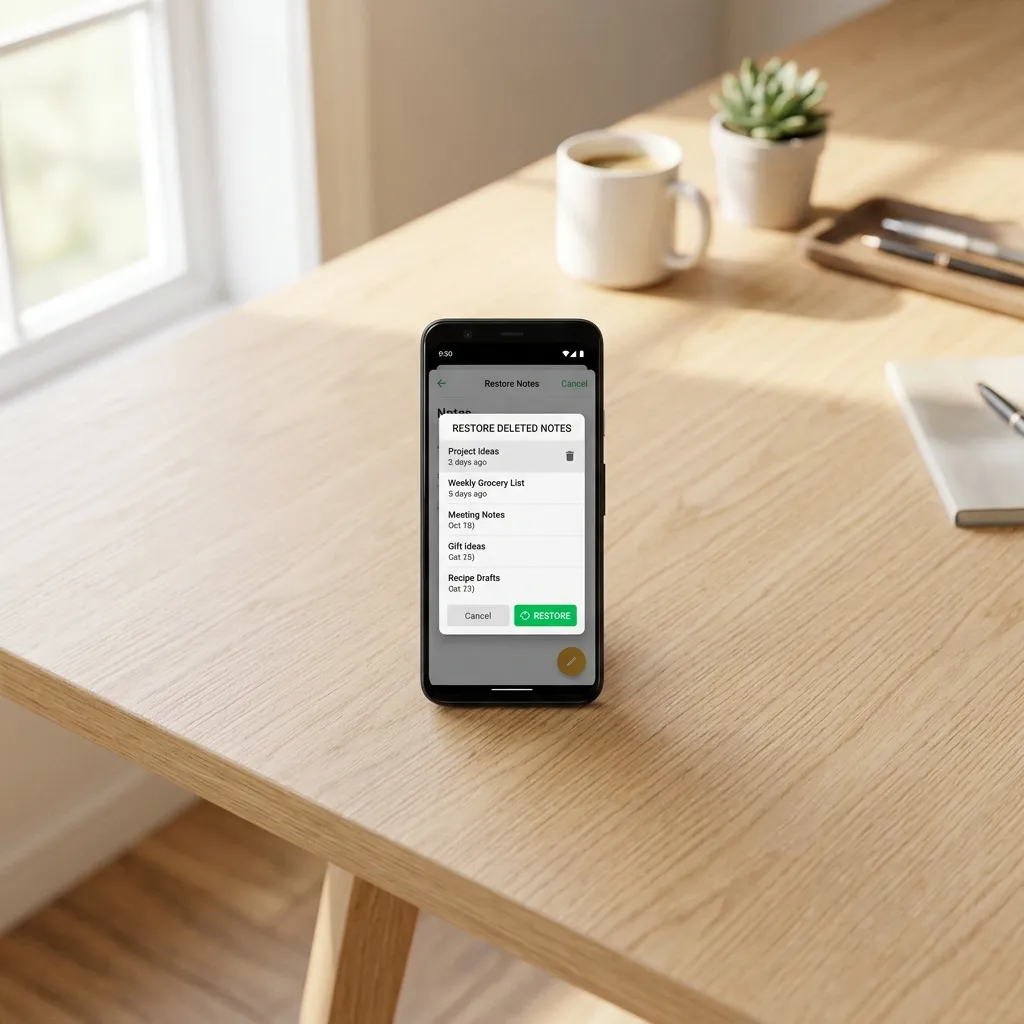 En smartphone som visar en anteckningsapp med återställningsfunktion och en lista med återställda anteckningar markerade