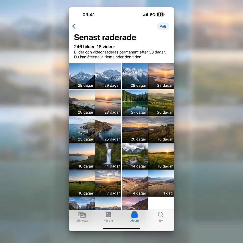 iPhone-appen Bilder som visar albumet Senast raderade där man kan återställa foton