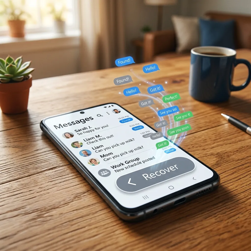 En smartphone som visar en konversationstråd med ett gränssnitt för meddelandeåterställning i bakgrunden