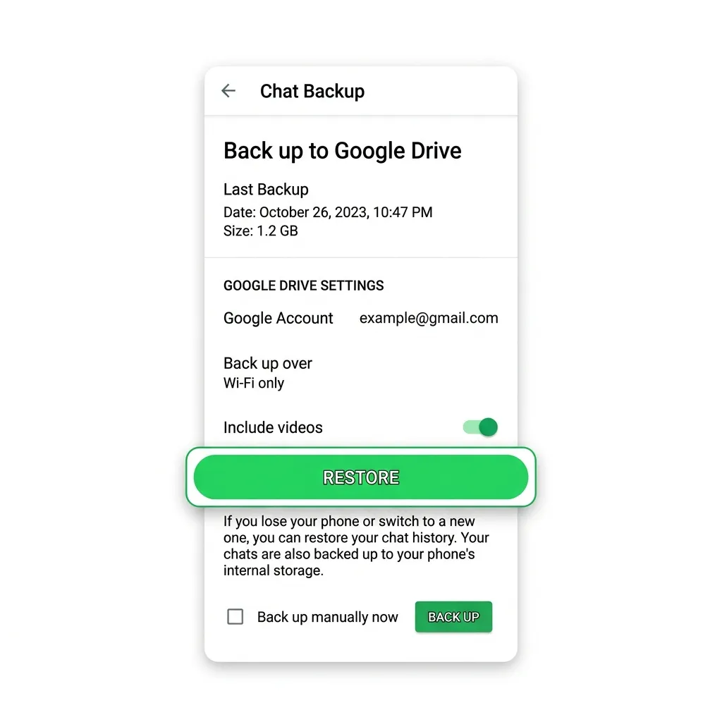 En Android-telefon som visar WhatsApp återställningsskärm från Google Drive med förloppsindikator och knappen Återställ