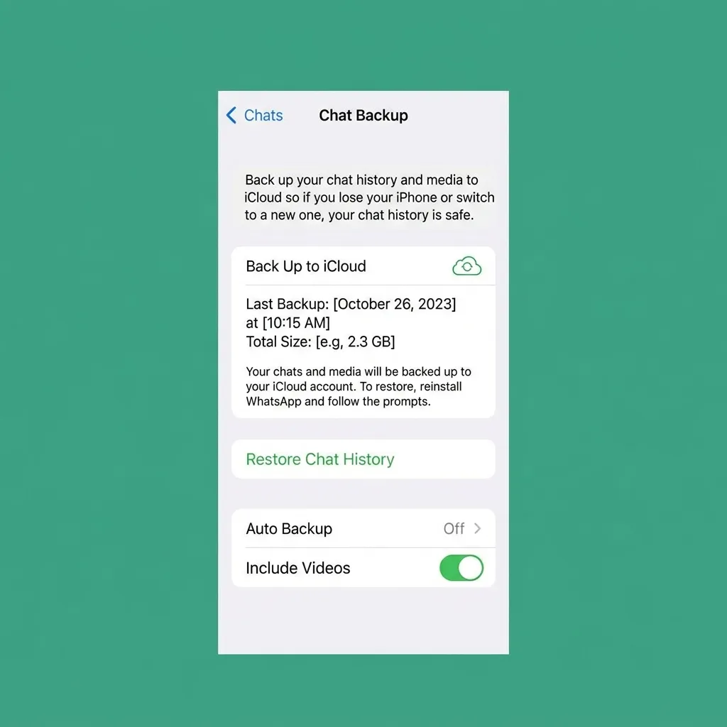 En iPhone-skärm som visar iCloud-återställning av WhatsApp med information om säkerhetskopians storlek och datum
