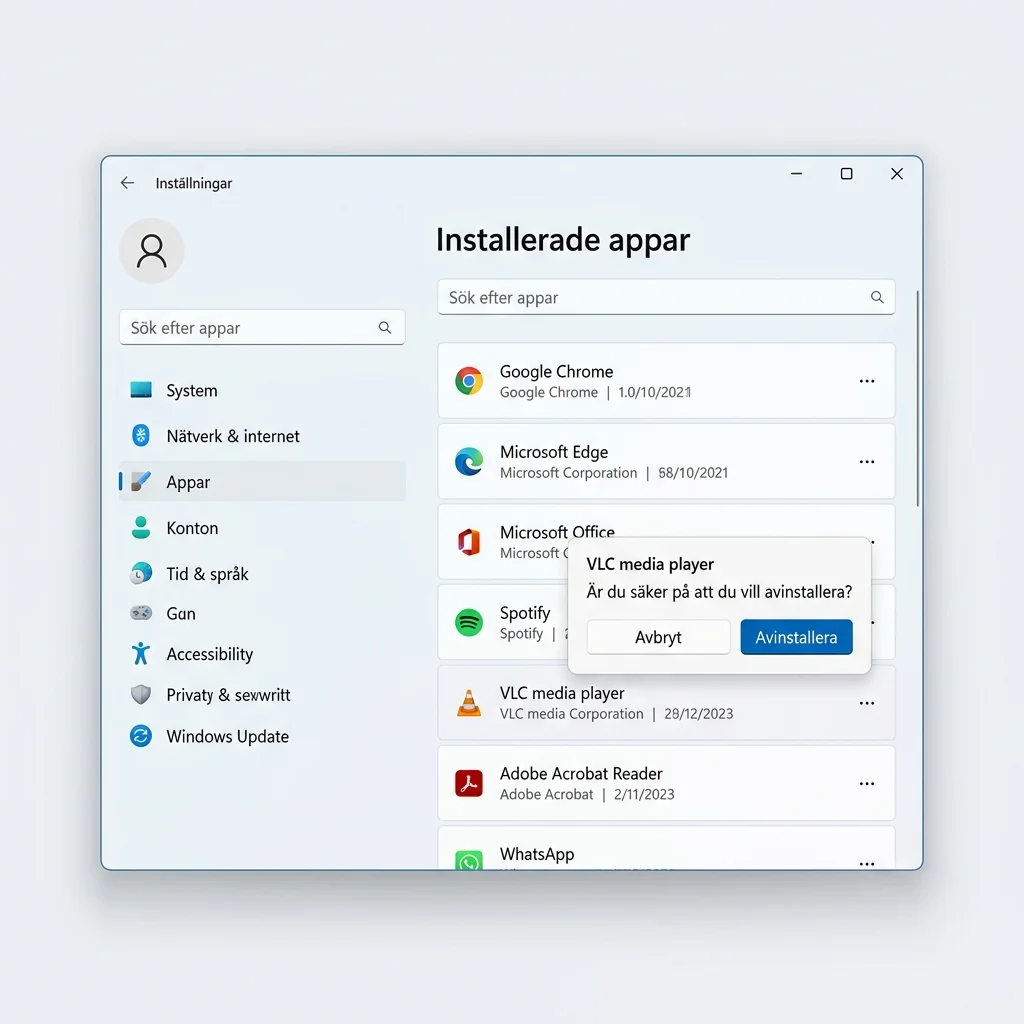 Windows Inställningar med listan över installerade appar och avinstalleringsalternativ