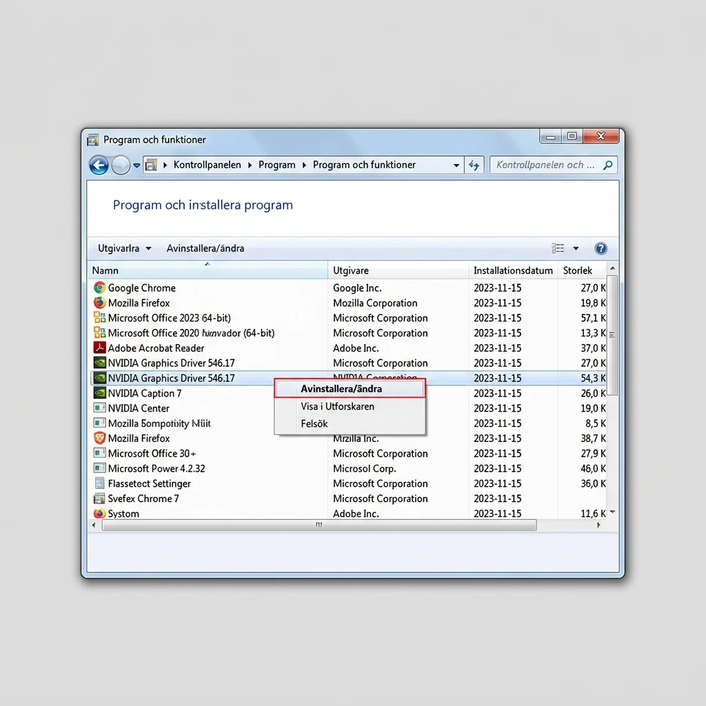 Kontrollpanelens fönster Program och funktioner med lista över installerade program