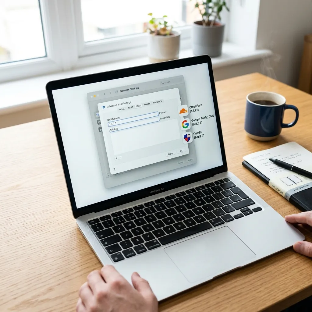 En laptop som visar nätverksinställningar med DNS-fält ifyllda — 1.1.1.1 och 9.9.9.9 syns
