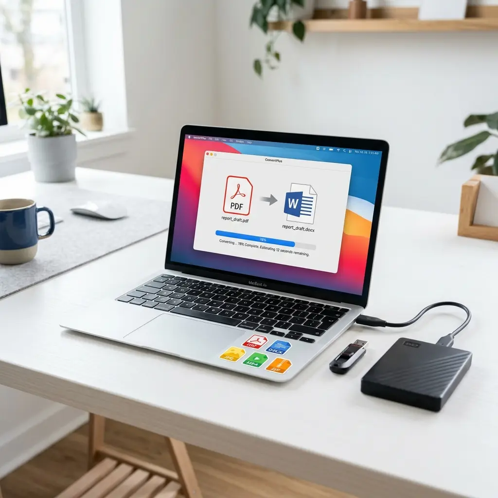 Laptop på vitt skrivbord med extern hårddisk och USB-minne — skärmen visar filkonvertering med färgglada formatikoner