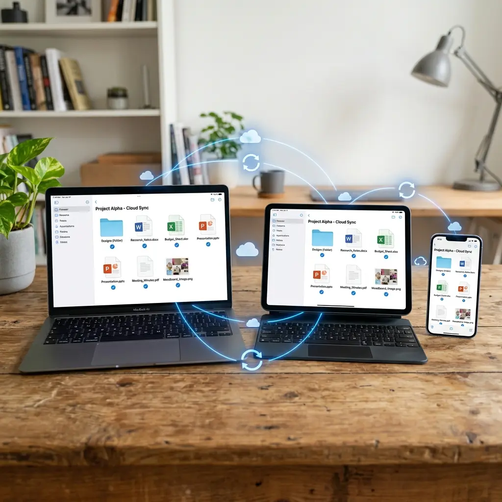 Tre enheter — laptop, surfplatta och telefon — på ett träskrivbord med synkroniseringsikoner mellan skärmarna