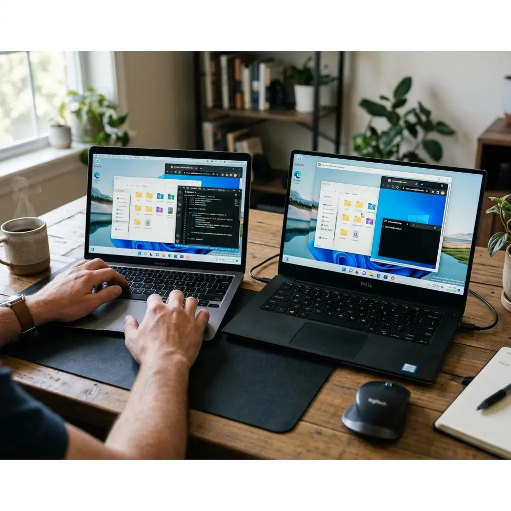 Två laptops på ett skrivbord — en fjärrstyr den andra, båda skärmarna visar samma skrivbord
