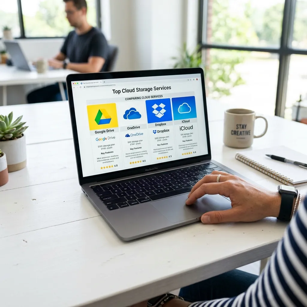 En laptop på ett vitt skrivbord som visar molntjänst-ikoner — Google Drive, OneDrive, Dropbox och iCloud