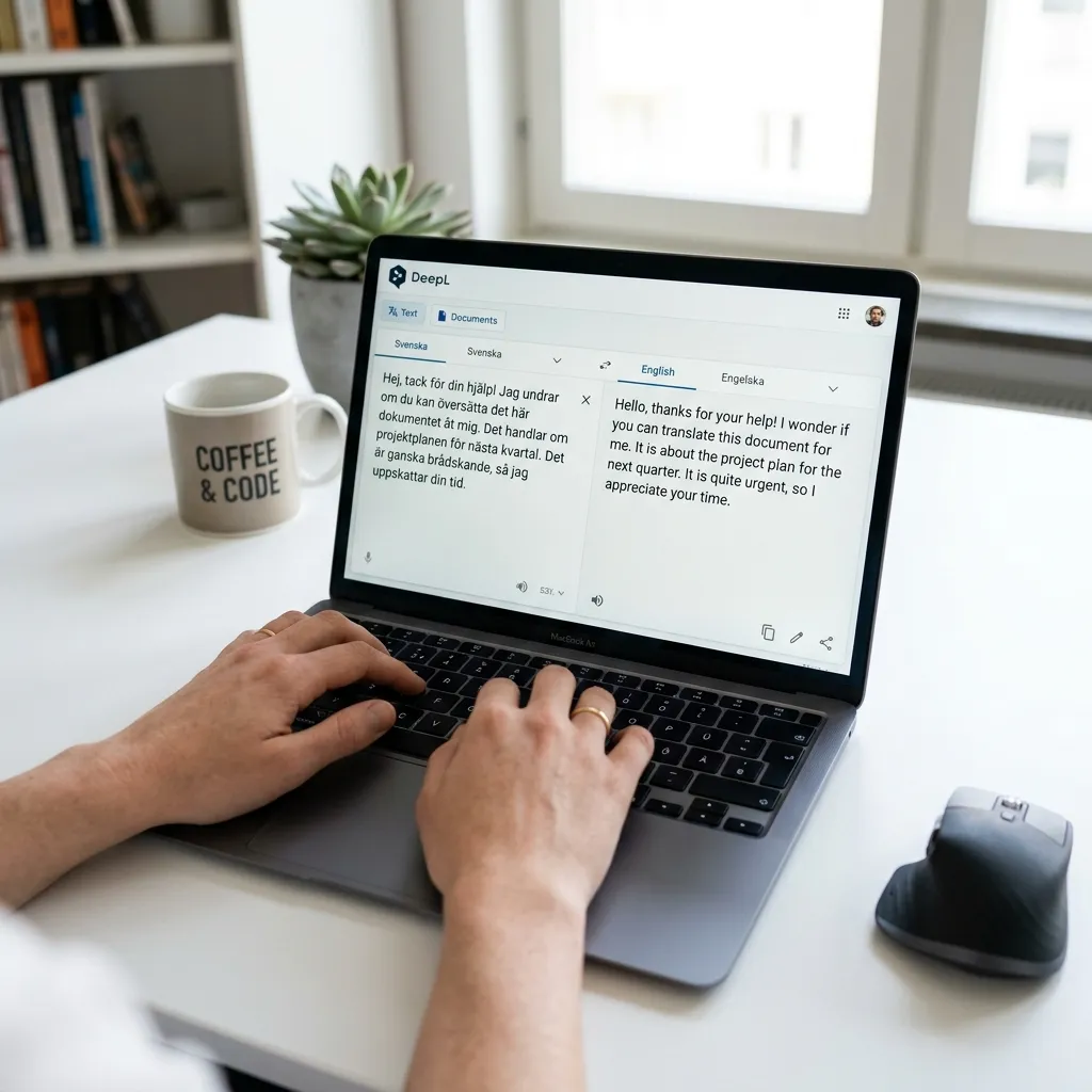 En laptop som visar ett översättningsverktyg — text översätts mellan svenska och engelska i två kolumner