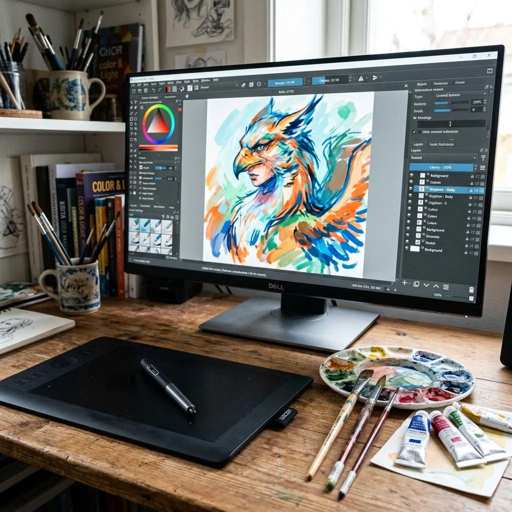 Ritplatta bredvid datorskärm med digitalt illustrationsprogram — penselverktyg och färgglad teckning i arbete