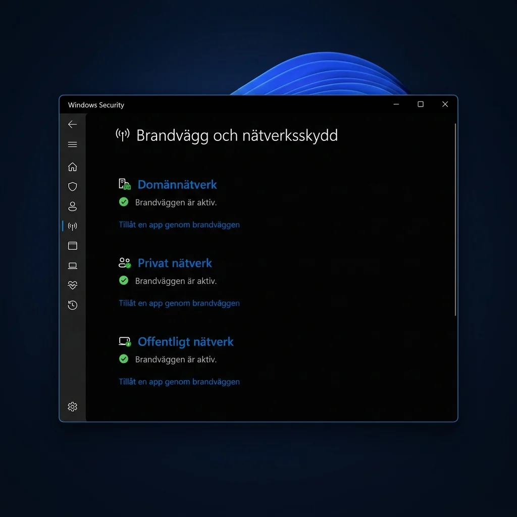 Windows Säkerhet visar brandväggs- och nätverksskyddsvyn med tre nätverksprofiler och deras brandväggsstatus