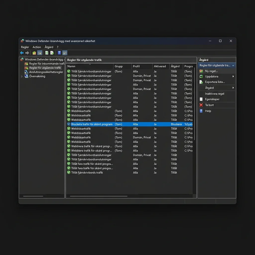 Windows-brandväggens fönster för avancerad säkerhet med en lista över utgående regler och menyn för att skapa en ny regel