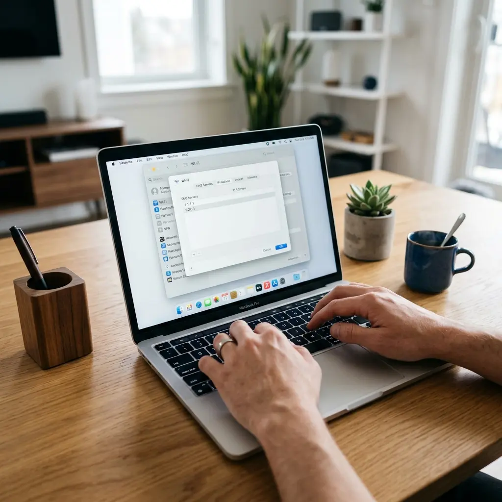 En laptop som visar nätverksinställningar med DNS-fält ifyllda — 1.1.1.1 och 1.0.0.1 syns i fälten