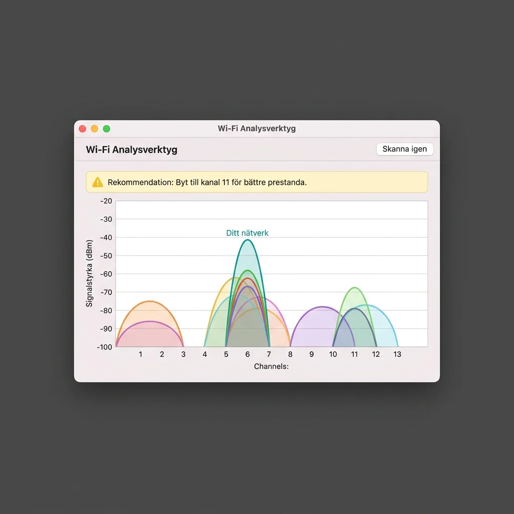 Wi-Fi-analysverktyg på macOS som visar närliggande nätverk och deras kanaler med rekommendation för bästa kanalval