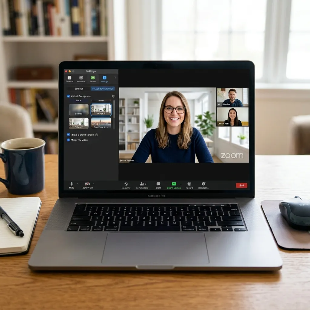 En laptop som visar ett Zoom-samtal med virtuell kontorsbakgrund — olika bakgrundsalternativ kan väljas i sidopanelen
