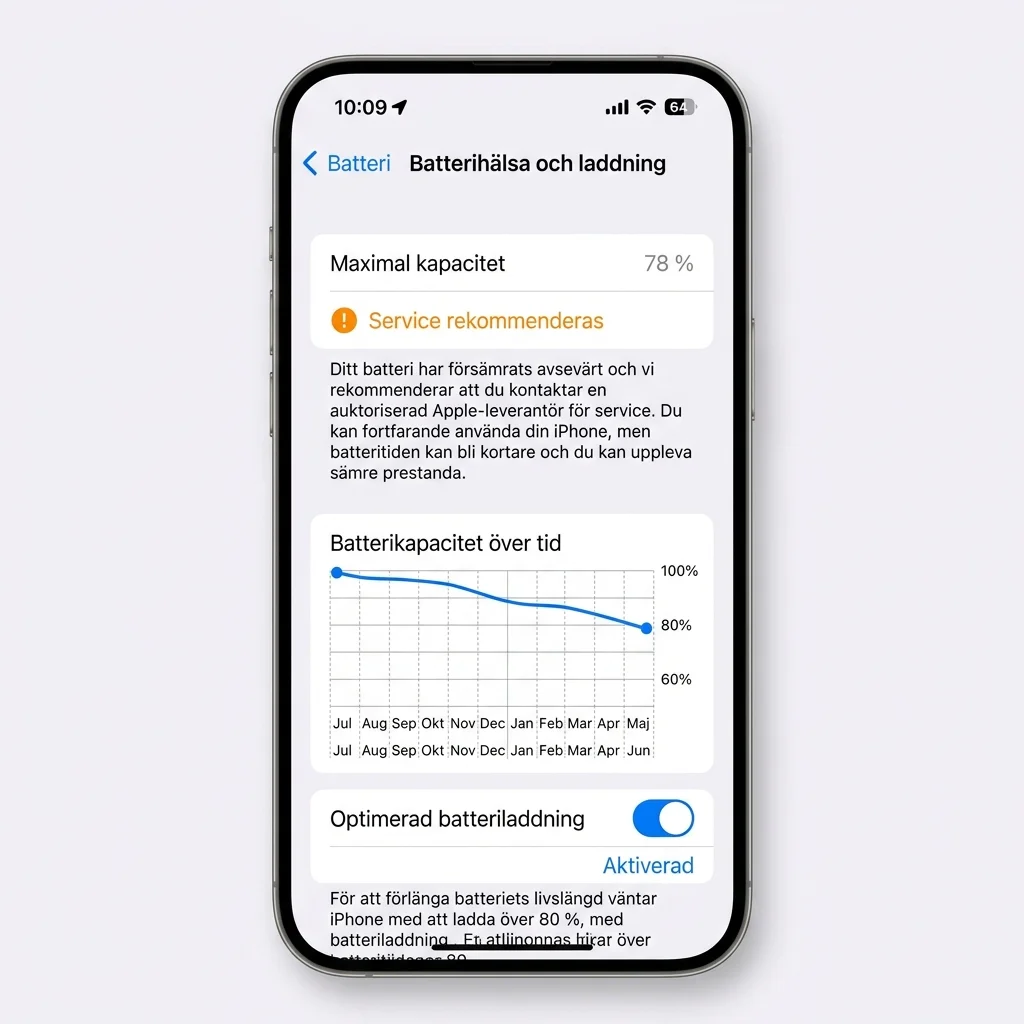 iPhone batterihälsa visar 78 % maxkapacitet med servicerekommendation i Inställningar